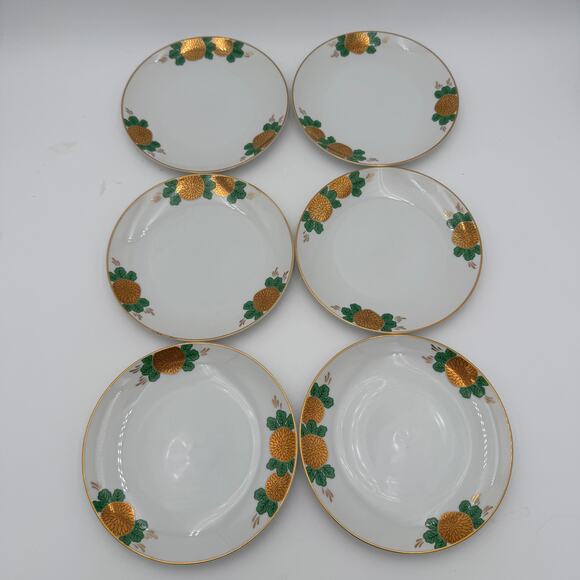 Fitz and Floyd Dessert Plates Gold Flowers with Green Leaves & Gold Trim Set/6 - Picture 3 of 12